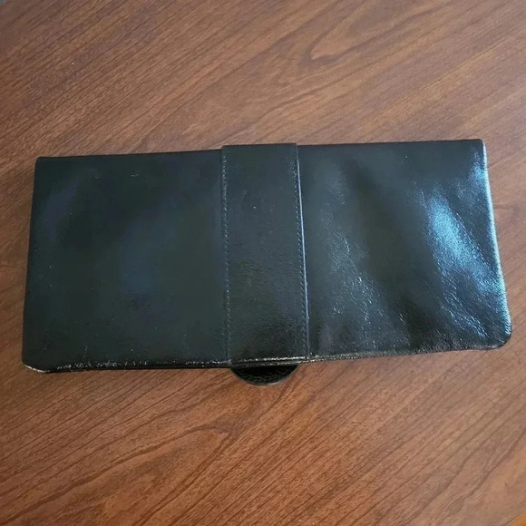 HOBO International Fold-over Black Patent Leather Clutch Silver Buckle Accent - Picture 4 of 10